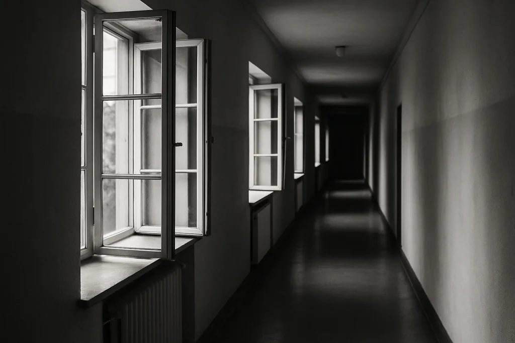 Couloir vide avec fenêtres ouvertes, lumière douce entrant, en noir et blanc.