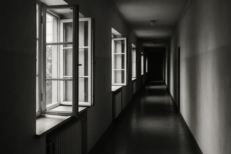 Couloir vide avec fenêtres ouvertes, lumière douce entrant, en noir et blanc.