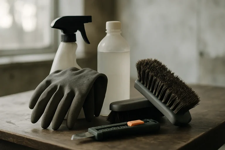 Outils de nettoyage spécialisés pour logements insalubres sur une table