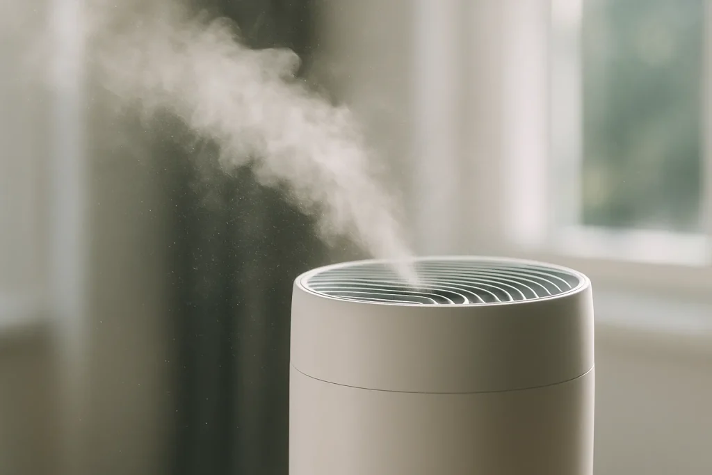 Purificateur d'air diffusant une brume fine dans une pièce, lumière douce