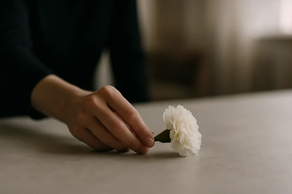 Main posant une fleur sur une table, éclairage doux, symbolisant le deuil.
