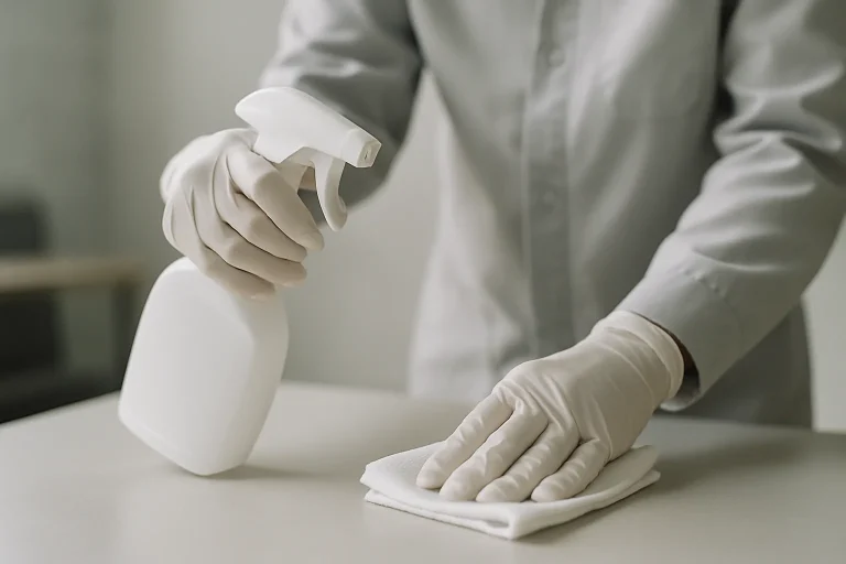 Mains en gants utilisant des équipements de désinfection avec arrière-plan flou.