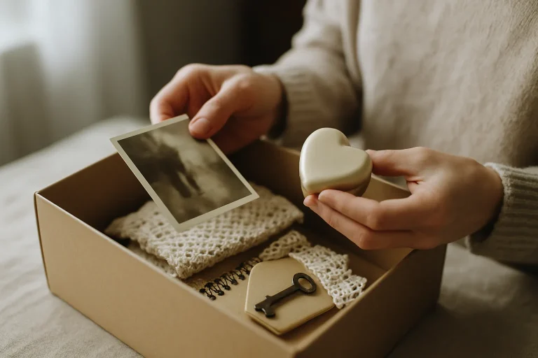 Mains tenant des objets sentimentaux lors du désencombrement après un décès