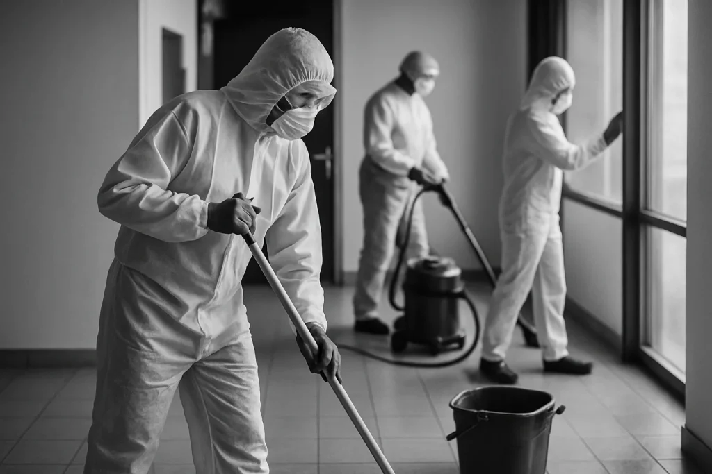 Équipe de nettoyage en tenues de protection effectuant une remédiation dans un espace intérieur.