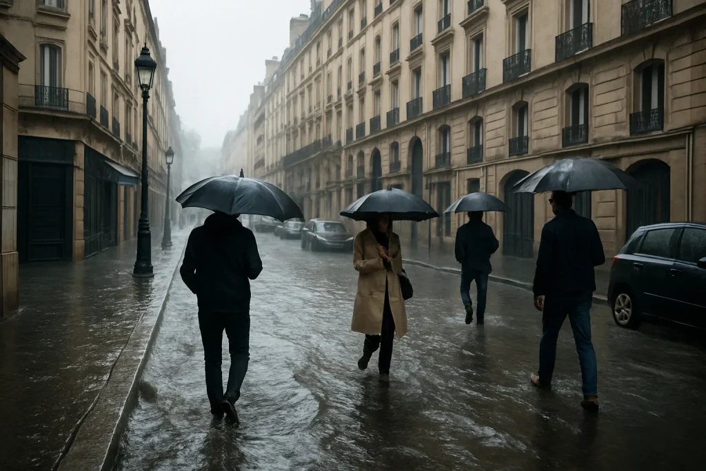 Rue de Paris inondée avec des passants et parapluies, eau sur le trottoir