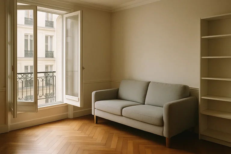 Appartement vide à Paris, lumière douce entrant par la fenêtre, canapé et étagère visibles