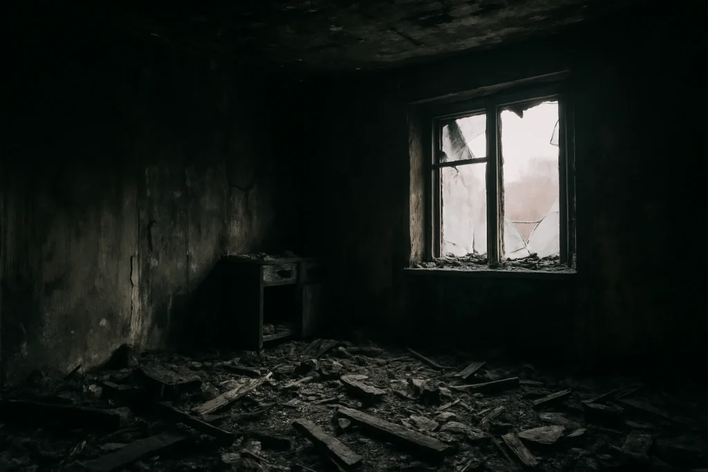 Pièce avec murs noircis par la suie après incendie, lumière douce filtrant.