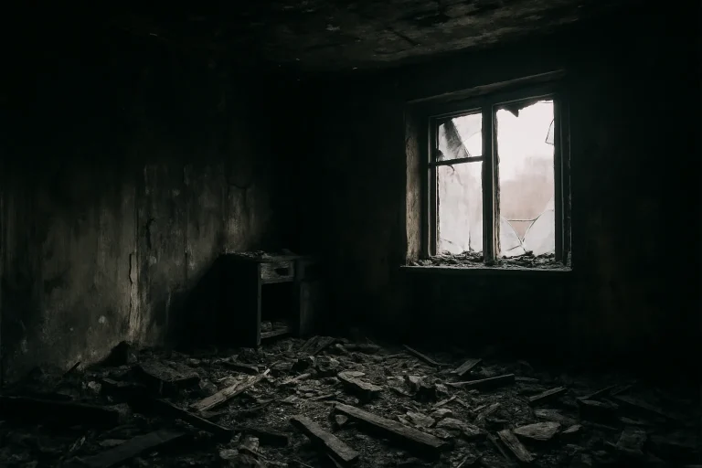 Pièce avec murs noircis par la suie après incendie, lumière douce filtrant.