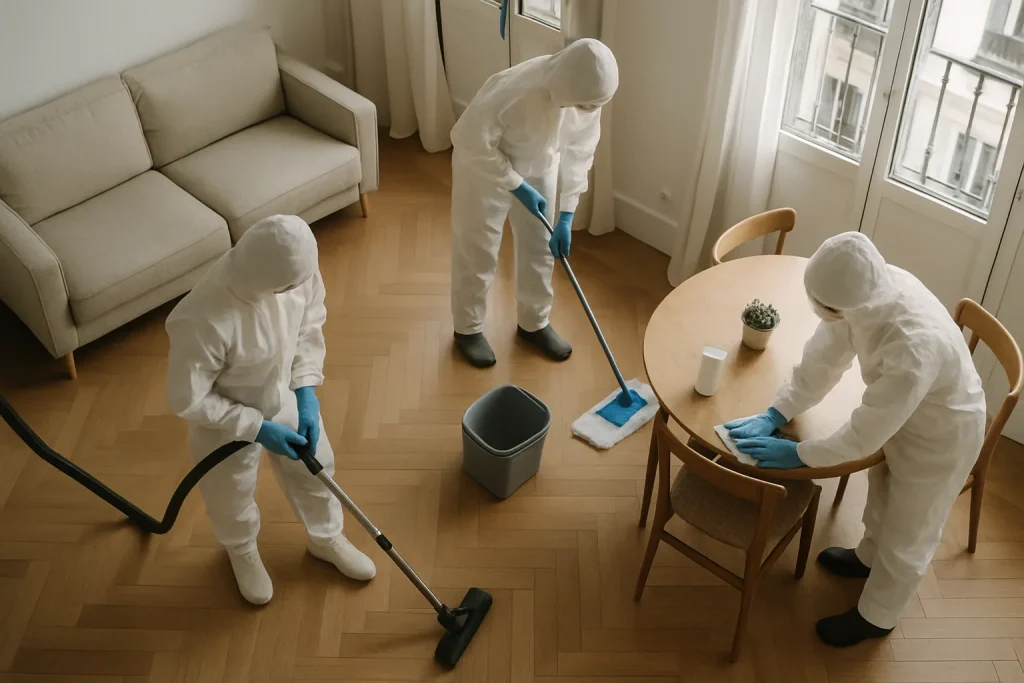 Équipe de nettoyage en combinaison blanche dans un appartement à Paris.