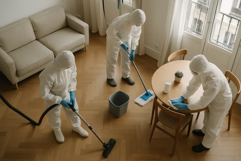 Équipe de nettoyage en combinaison blanche dans un appartement à Paris.