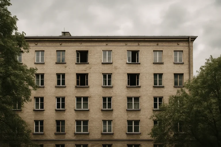 Immeuble résidentiel ancien avec fenêtres ouvertes, arbres en avant-plan, ciel nuageux.