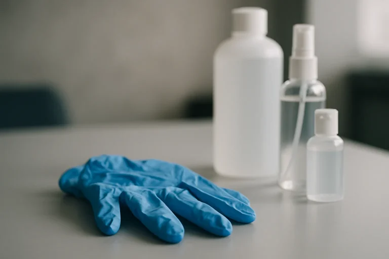 Gants en latex bleu et produits désinfectants sur une table, arrière-plan flou