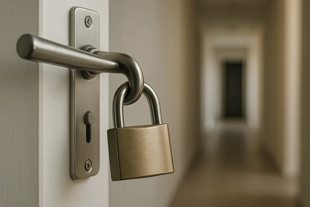 Poignée de porte avec cadenas, symbolisant la sécurité contre les arnaques.