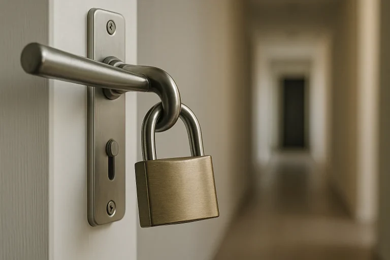Poignée de porte avec cadenas, symbolisant la sécurité contre les arnaques.