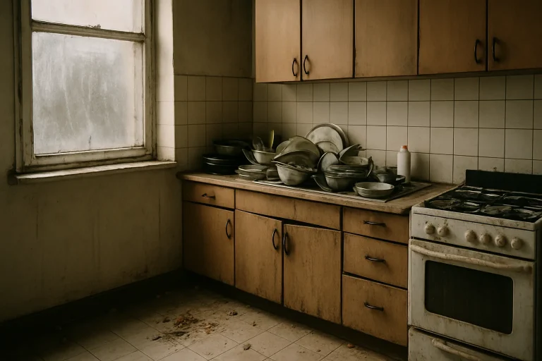Cuisine insalubre avec vaisselle non lavée et débris alimentaires au sol, éclairage doux.