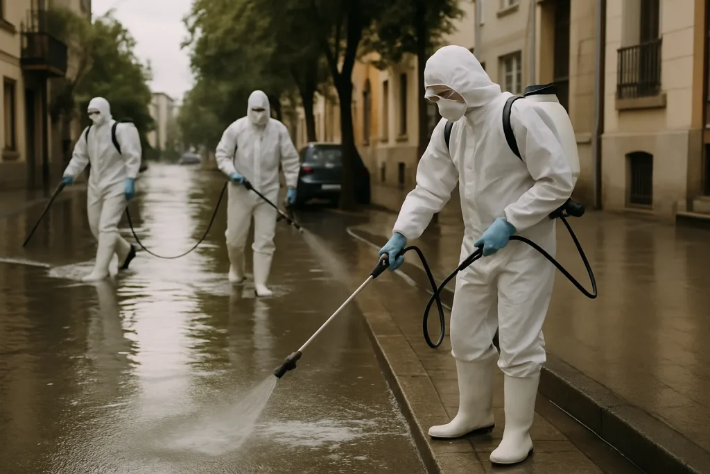Techniciens en combinaison de protection désinfectant une rue inondée sous une lumière douce.