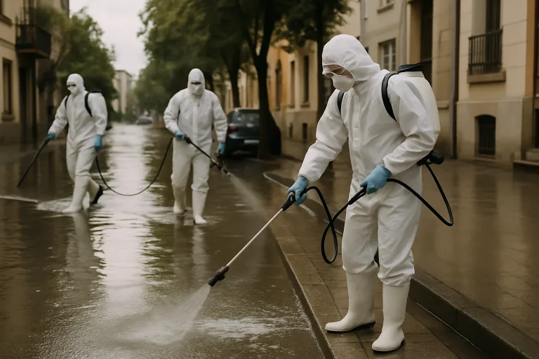 Techniciens en combinaison de protection désinfectant une rue inondée sous une lumière douce.