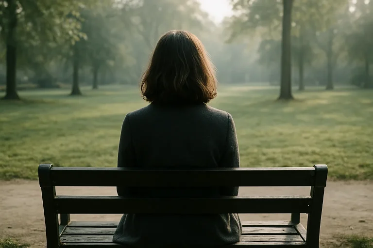 Silhouette de dos assise sur un banc dans un parc, lumière douce du matin, ambiance apaisante