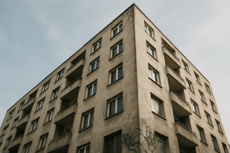 Façade d'un immeuble ancien avec traces visibles de squat, éclairée par la lumière du jour.