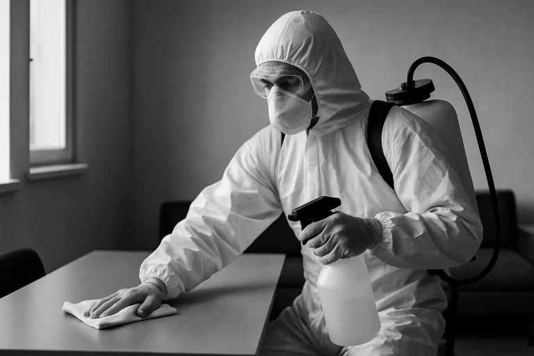 Technicien en combinaison de protection nettoyant une pièce post-décès, noir et blanc.