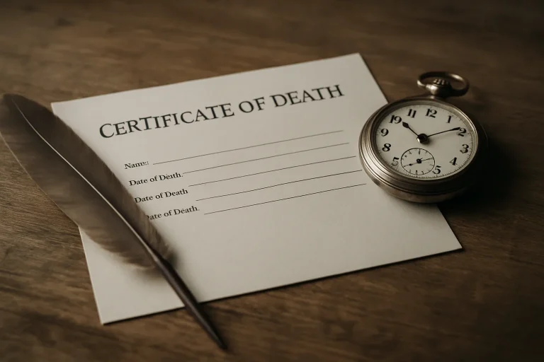 Certificat de décès avec montre et plume sur une table en bois, éclairage doux.