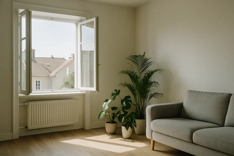 Pièce lumineuse avec fenêtres ouvertes, plantes vertes en coin, éclairage naturel.
