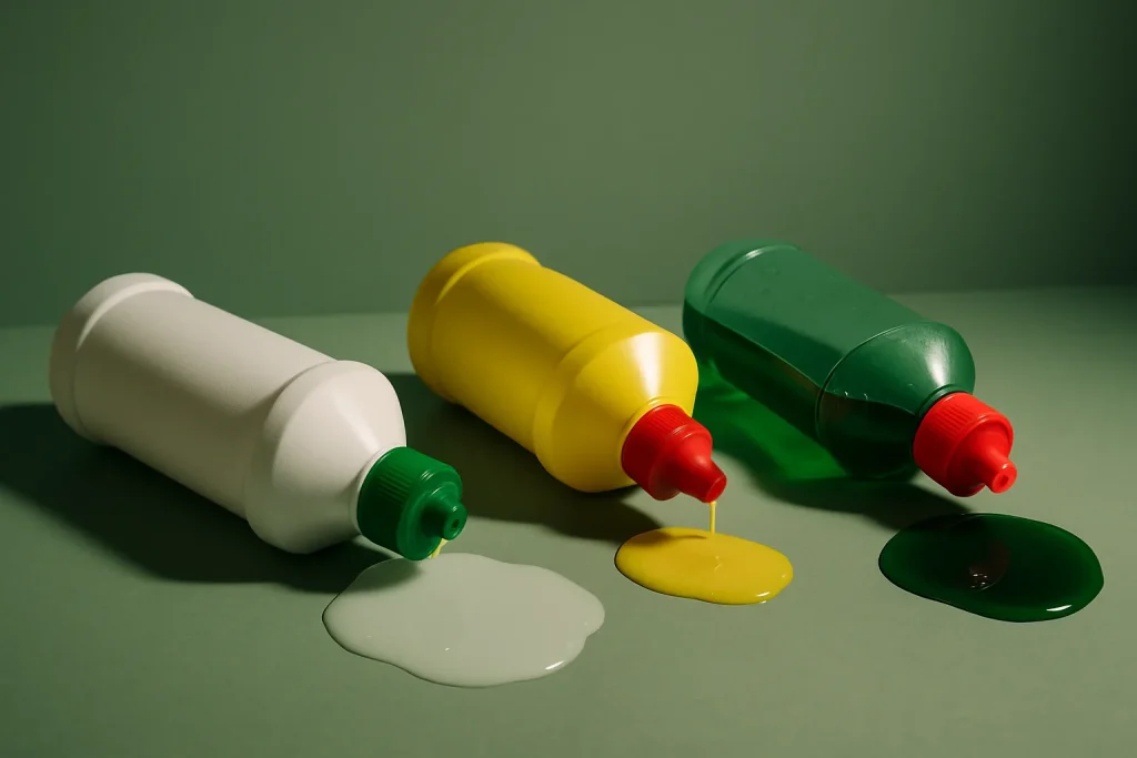 Flacons de produits de nettoyage chimiques renversés sur fond vert, lumière latérale