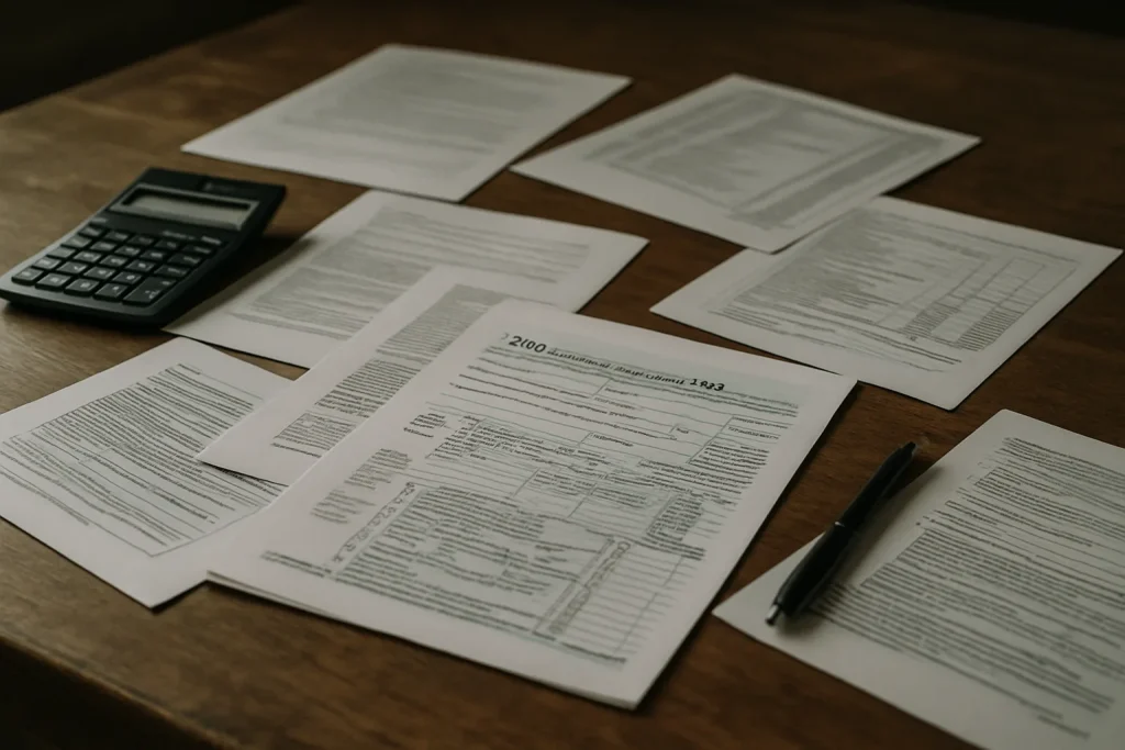 Des documents fiscaux disposés sur une table en bois sous une lumière latérale.