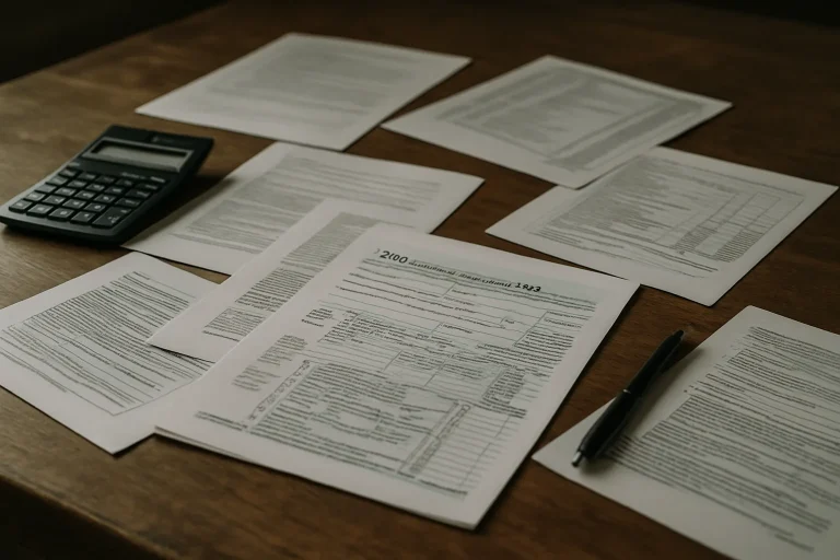 Des documents fiscaux disposés sur une table en bois sous une lumière latérale.