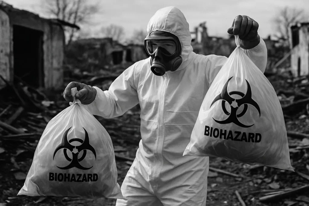 Technicien en combinaison manipulant des sacs de déchets biologiques dans une zone de catastrophe.