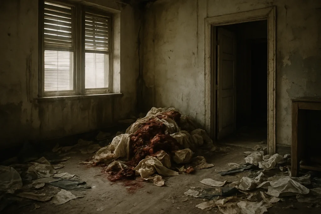 Intérieur abandonné avec déchets biologiques, lumière douce à travers volets.