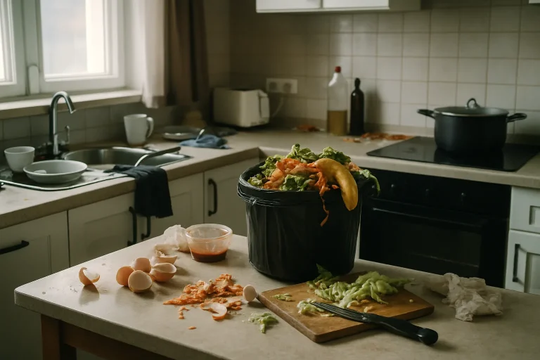 Cuisine avec déchets biologiques non déclarés, lumière douce entrant par la fenêtre.