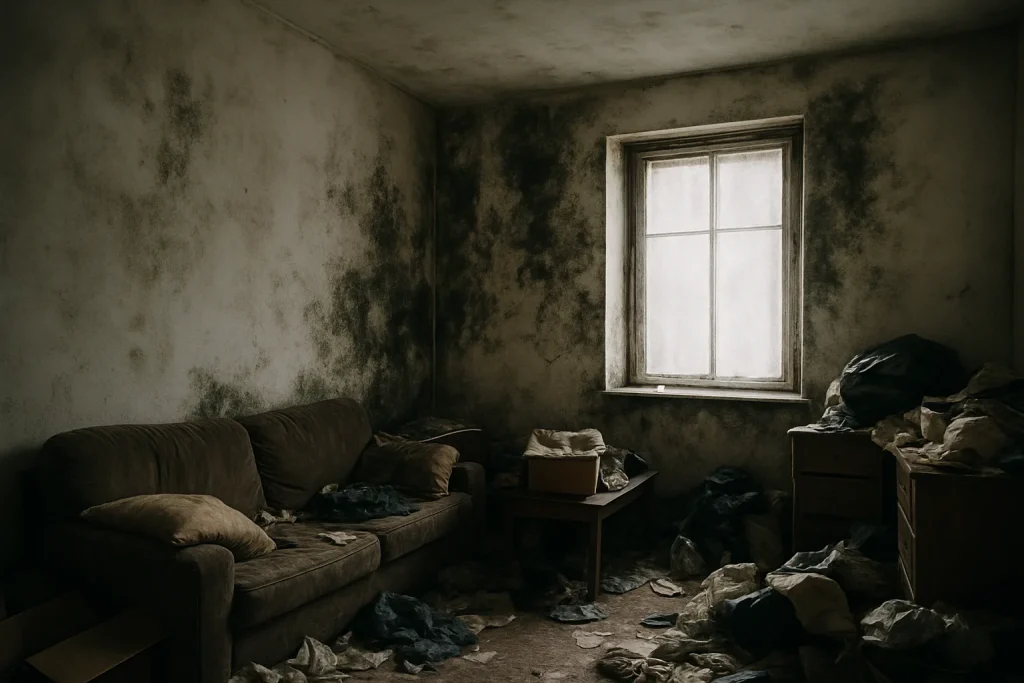 Pièce encombrée avec murs moisis, lumière naturelle, ambiance oppressante.