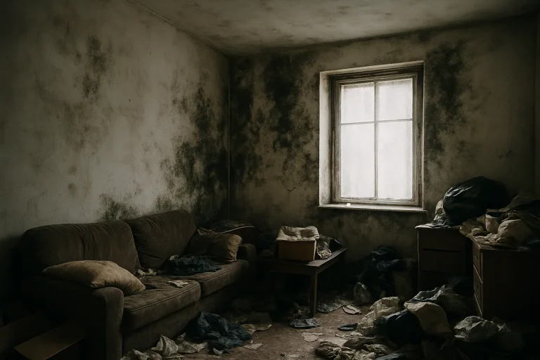 Pièce encombrée avec murs moisis, lumière naturelle, ambiance oppressante.