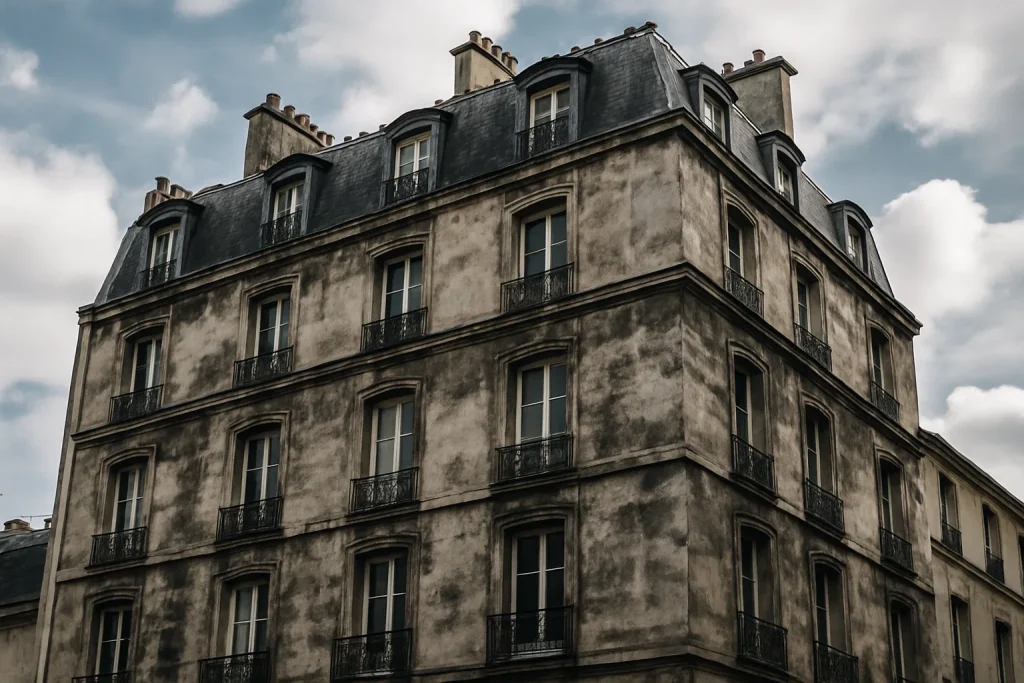 Façade d'un immeuble parisien avec traces de suie, ciel nuageux.