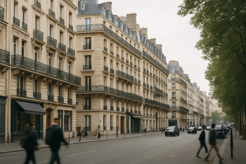 Rue à Paris avec des immeubles haussmanniens sous une lumière douce, passants flous.