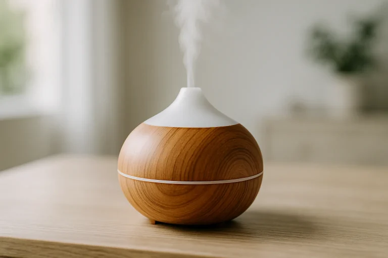 Diffuseur d'huiles essentielles en bois sur une table, lumière naturelle.