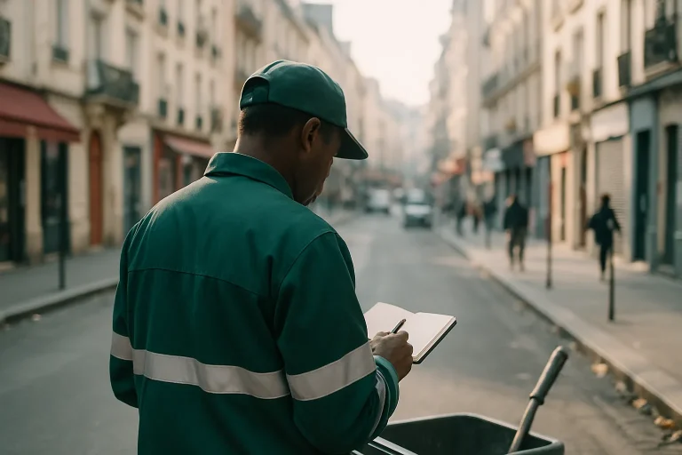 Silhouette de dos d'un agent de nettoyage avec carnet dans rue parisienne multiculturelle.