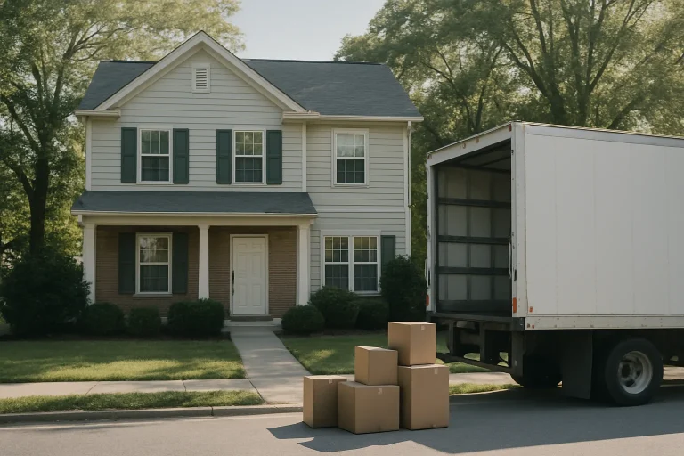 Maison avec camion de déménagement et cartons, lumière matinale
