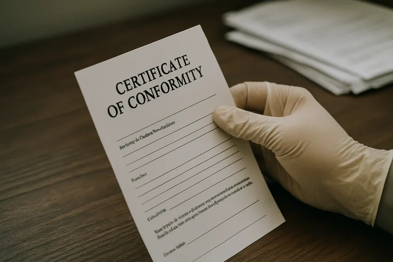 Main gantée tenant un certificat de conformité sur une table en bois, documents flous en arrière-plan