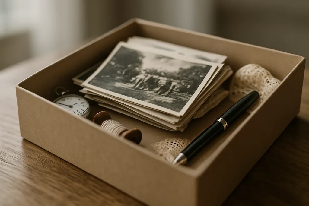 Boîte ouverte contenant des photos anciennes et objets personnels, lumière douce