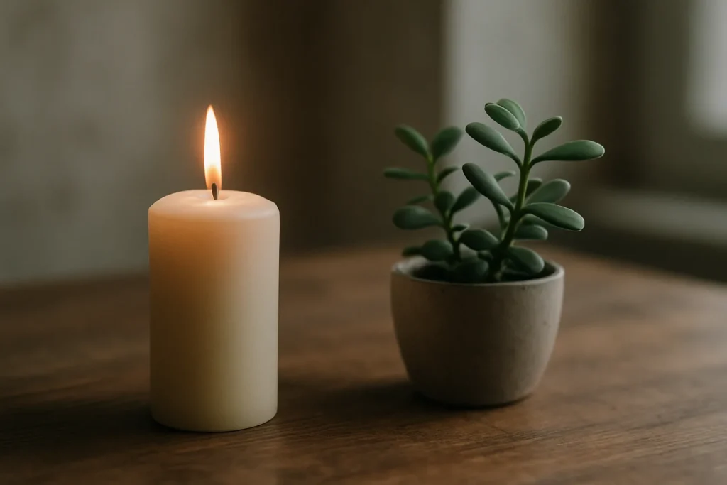 Bougie allumée et plante verte sur une table en bois, symbolisant la guérison.