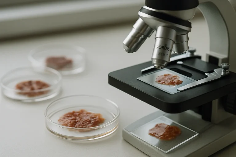 Gros plan d'échantillons biologiques sous microscope sur une surface de laboratoire