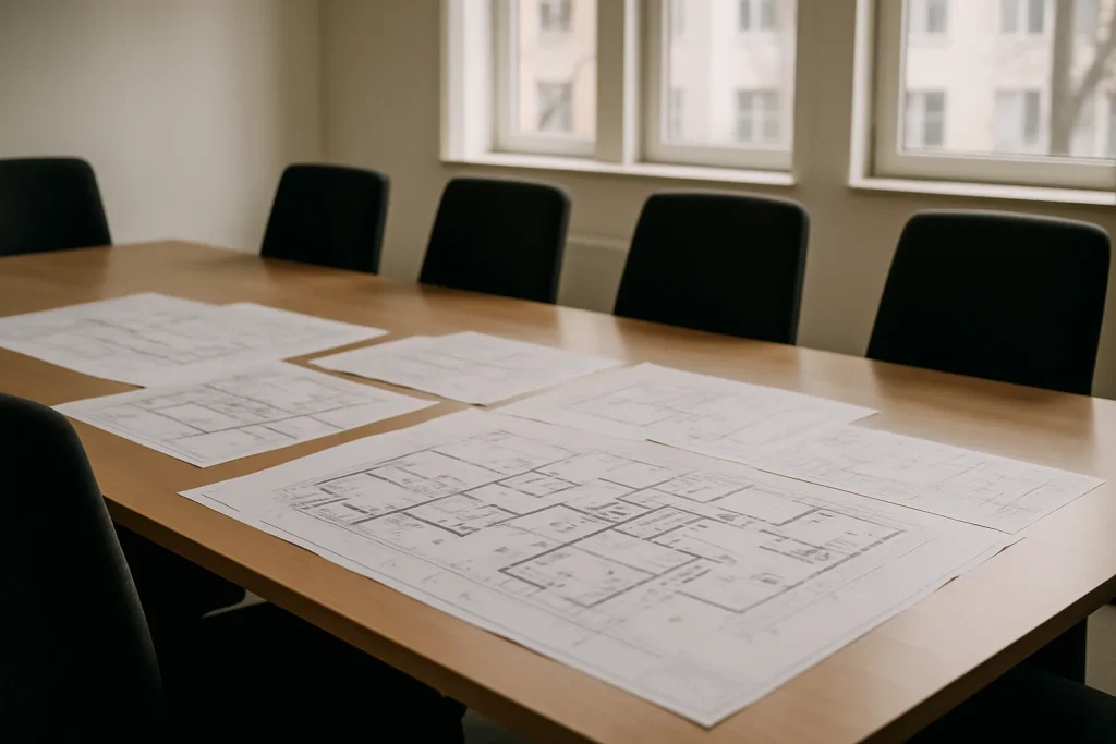 Salle de réunion avec des plans de nettoyage étalés sur une table, lumière douce.