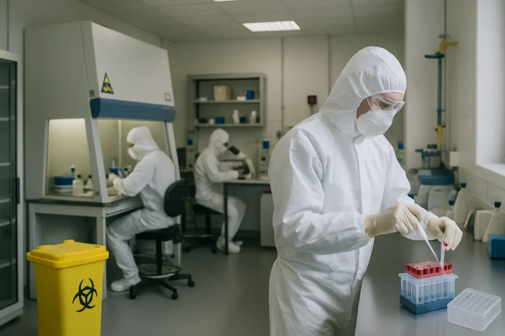 Techniciens en combinaisons de protection analysant des échantillons de biohazard à Paris.