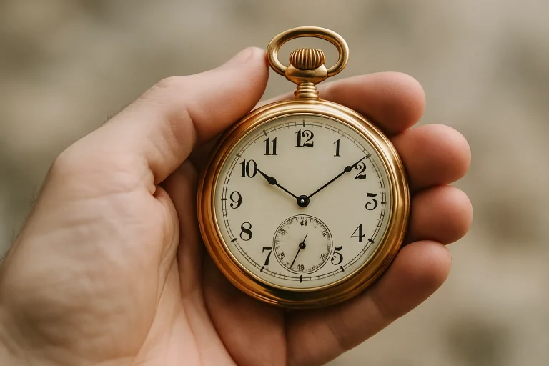 Main tenant une montre ancienne en or, arrière-plan flou, lumière douce.