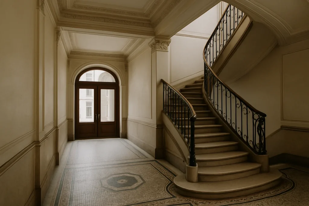 Entrée d'un immeuble patrimonial avec mosaïque et escalier en colimaçon
