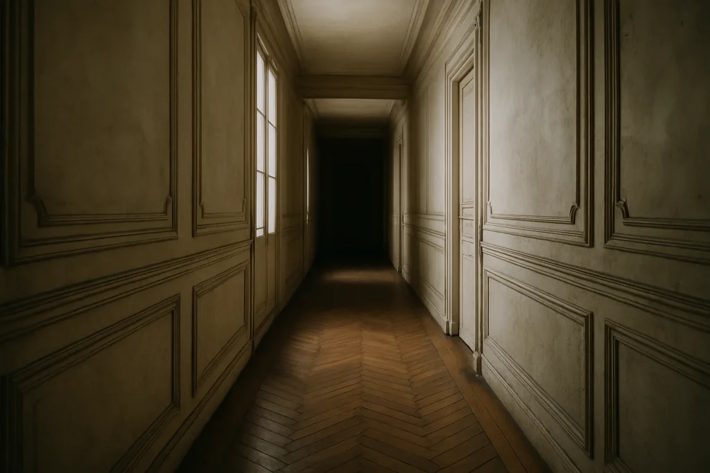 Couloir intérieur d'un vieil immeuble parisien avec lumière tamisée et murs anciens.