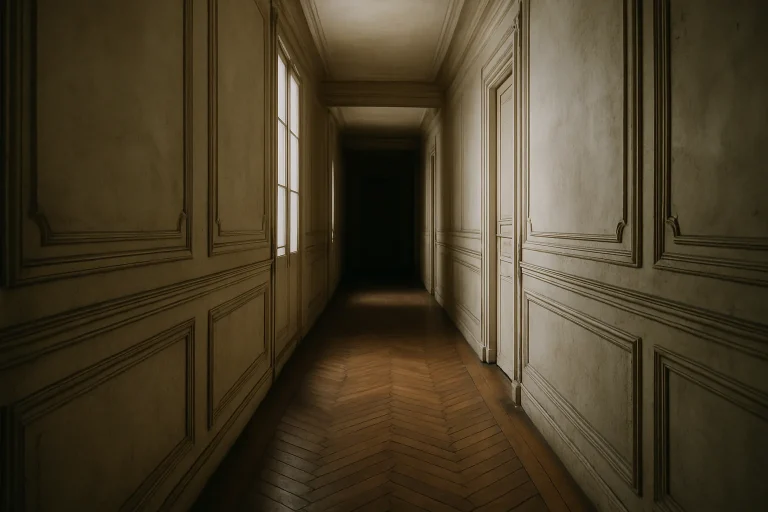 Couloir intérieur d'un vieil immeuble parisien avec lumière tamisée et murs anciens.