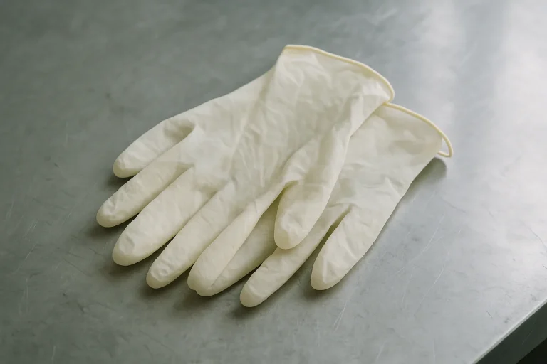 Gros plan sur des gants en latex sur une table en acier, éclairage naturel